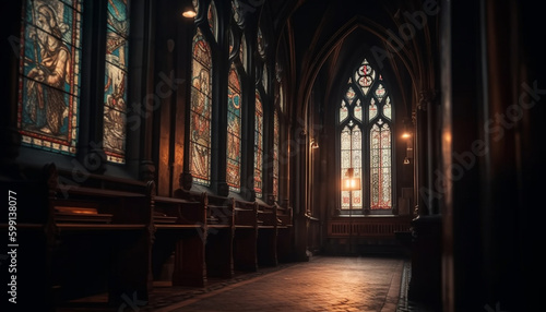 Majestic stained glass illuminates ancient Gothic chapel generated by AI
