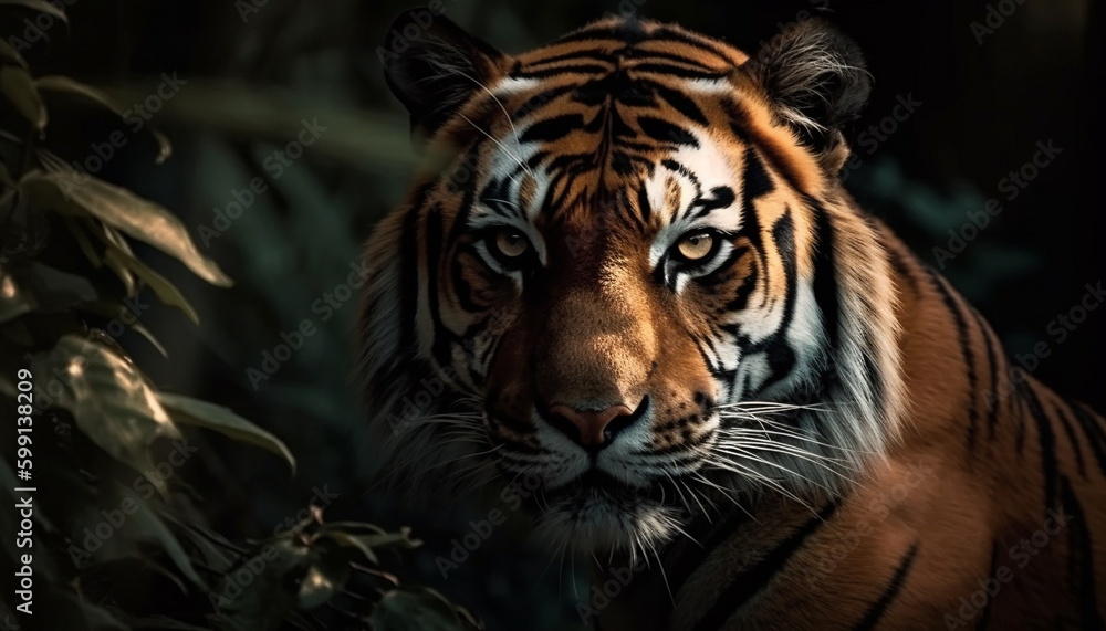 Majestic Bengal tiger staring with aggression in forest generated by AI Majestic Bengal tiger staring with aggression in forest generated by AI