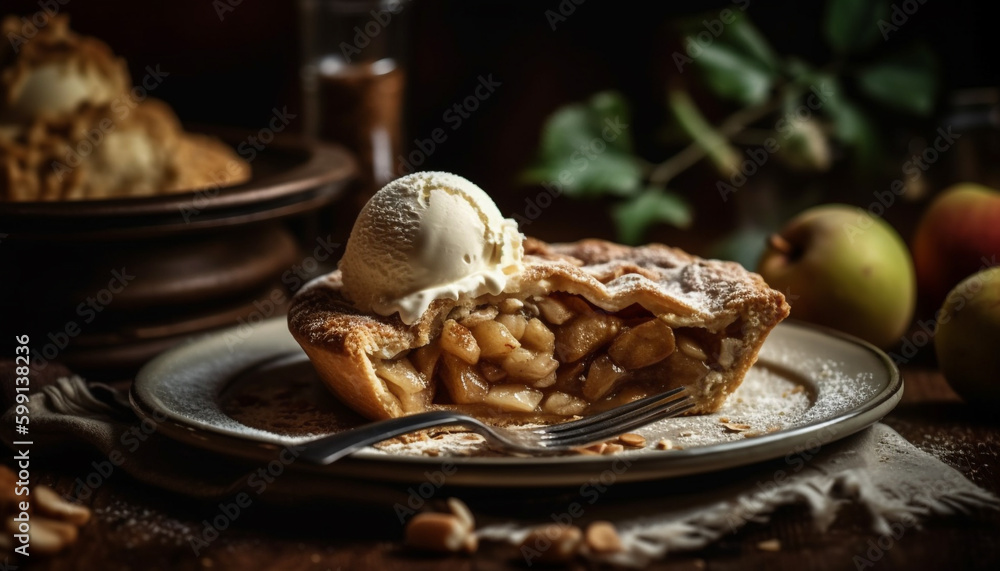 Sweet pie on rustic wood plate, ready to eat generated by AI