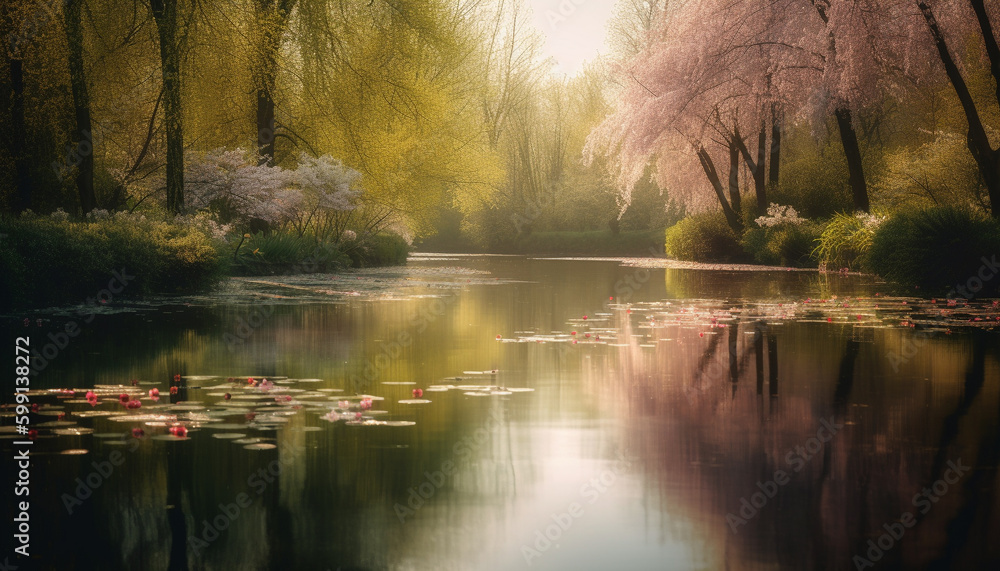 Tranquil scene of autumn forest reflection in pond generated by AI Tranquil scene of autumn forest reflection in pond generated by AI