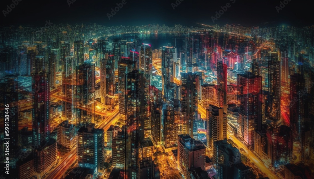 Glowing skyscrapers illuminate the modern city skyline generated by AI