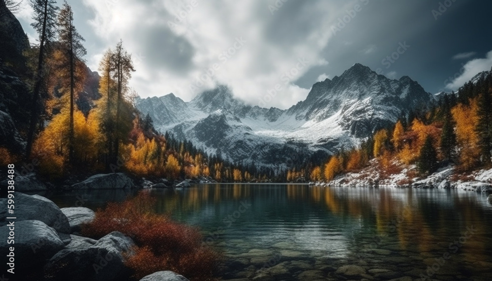Obraz premium Majestic mountain peak reflects in tranquil pond generated by AI