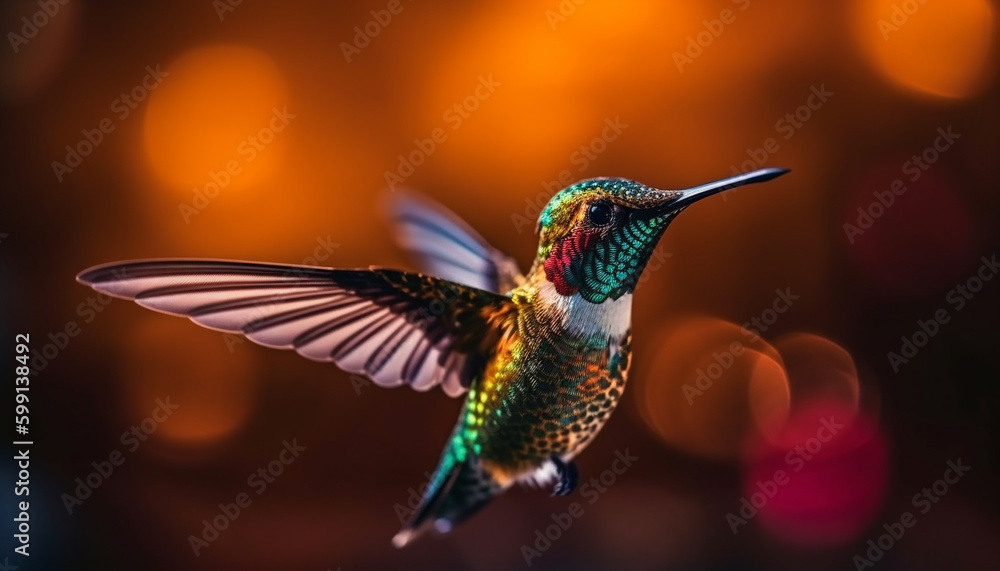 Fototapeta premium Hovering hummingbird spreads vibrant wings in mid air generated by AI
