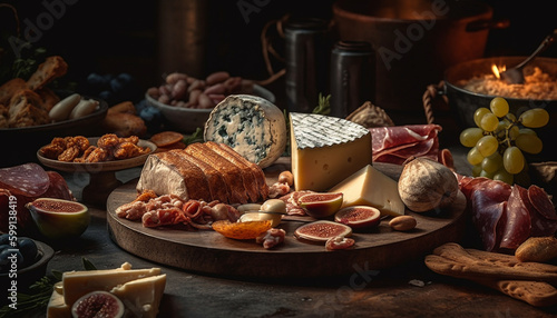 Variety of gourmet cheeses on rustic wood table generated by AI