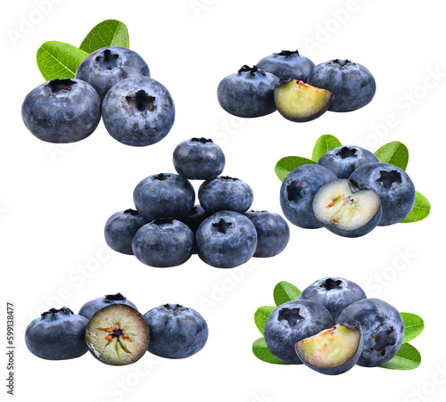 set of blueberries with green leaves closeup, isolated on transparent png