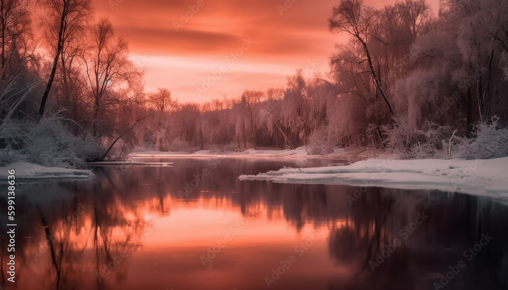 Tranquil scene of winter forest at dusk generated by AI