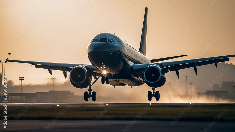 The plane is taking off from the airport in the morning with a blue sky with Generative AI The plane is taking off from the airport in the morning with a blue sky with Generative AI