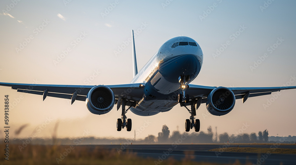 The plane is taking off from the airport in the morning with a blue sky with Generative AI The plane is taking off from the airport in the morning with a blue sky with Generative AI