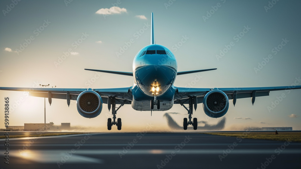 The plane is taking off from the airport in the morning with a blue sky with Generative AI The plane is taking off from the airport in the morning with a blue sky with Generative AI