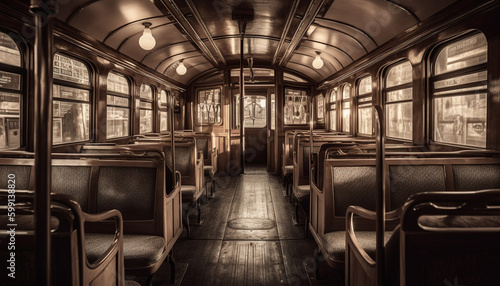 Empty bus interior, old fashioned seats, vanishing point generated by AI