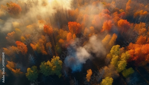 Autumn forest beauty yellow leaves, fog mystery generated by AI