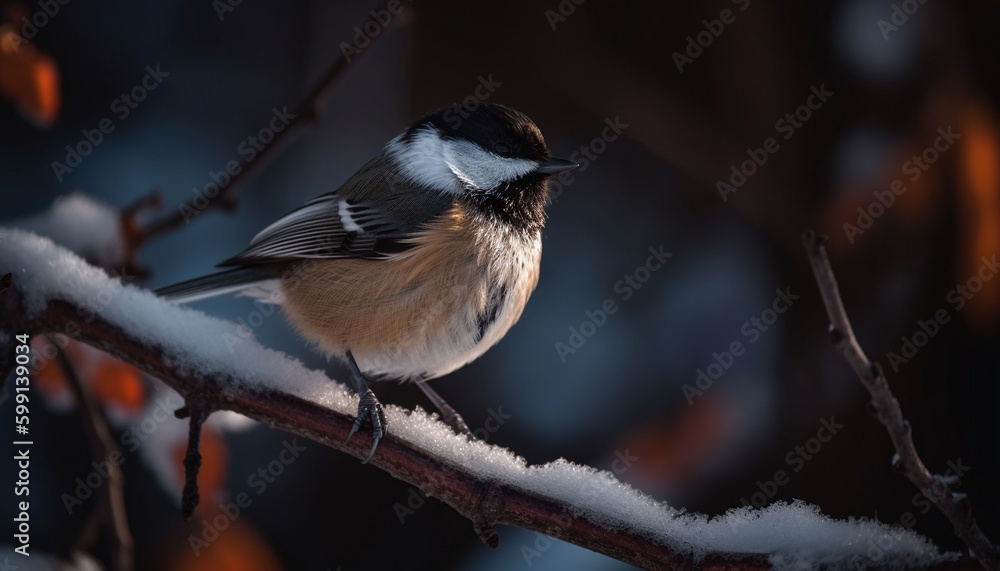 Fototapeta premium Great tit perching on snowy branch, looking cute generated by AI