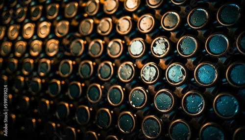 Shiny metal bottles in a row, winery celebration generated by AI