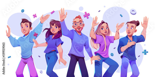 Successful company dream team. Vector cartoon illustration of active young men and women waving hands, smiling on white background. Startup business employees and boss. Happy people determined to win