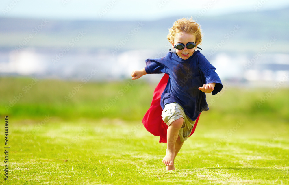 Young boy, costume and running in park, playing and carefree outdoor with happiness or playful child on grass. Freedom, energy or youth and happy kid in cape or goggles fun on green lawn with mockup Young boy, costume and running in park, playing and carefree outdoor with happiness or playful child on grass. Freedom, energy or youth and happy kid in cape or goggles fun on green lawn with mockup