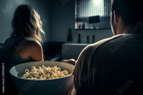 man and woman watching tv with the popcorn in the bucket with Generative AI