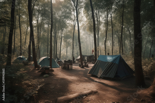 camping tents and camp furniture set up in a forest with blue sky with Generative AI