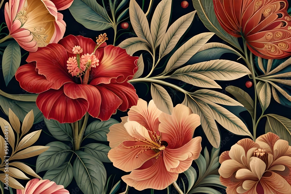 Beautiful background with hibiscus flowers and leaves Generative AI Beautiful background with hibiscus flowers and leaves Generative AI