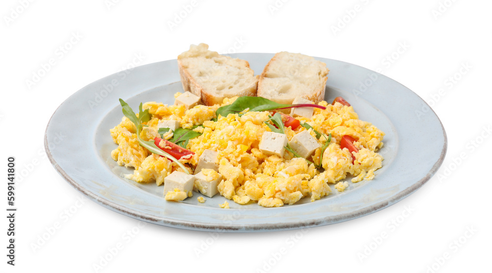 Plate with delicious scrambled eggs, tofu and slices of baguette isolated on white Plate with delicious scrambled eggs, tofu and slices of baguette isolated on white