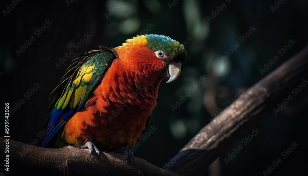 Obraz premium Vibrant macaw perching on branch in nature generated by AI