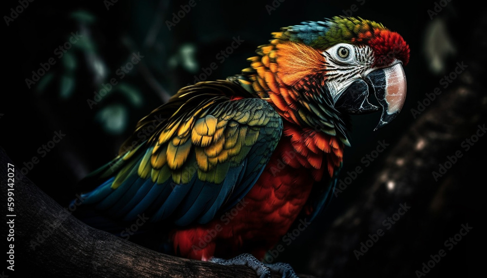 Vibrant macaw perching on branch in rainforest generated by AI