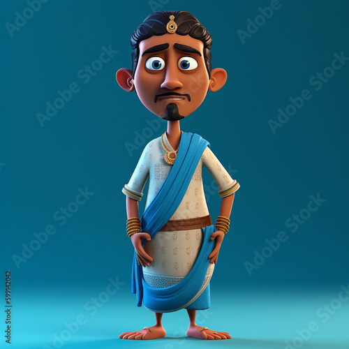 3d illustration of a India guy with traditional Dhoti dress on a blue background, generative AI