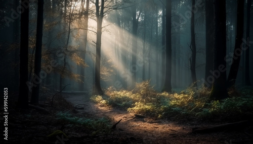 Spooky forest mystery autumn leaves and fog generated by AI