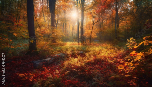 Vibrant autumn colors paint tranquil forest scene generated by AI