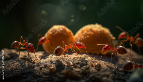 Small colony of fire ants work together outdoors generated by AI
