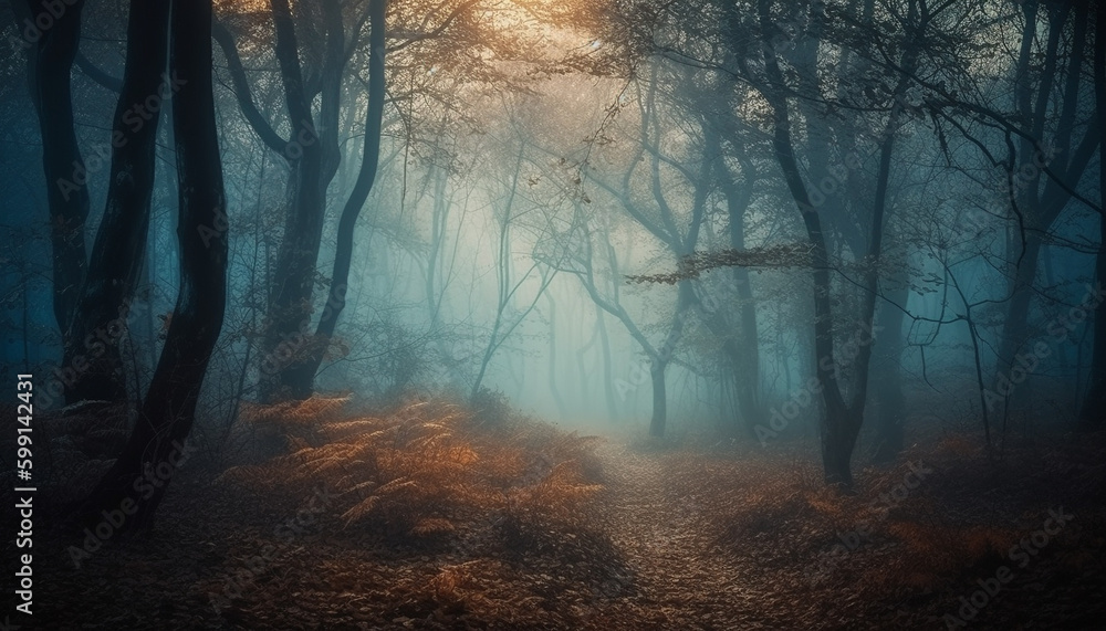 Spooky forest mystery, autumn leaves, tranquil beauty generated by AI Spooky forest mystery, autumn leaves, tranquil beauty generated by AI