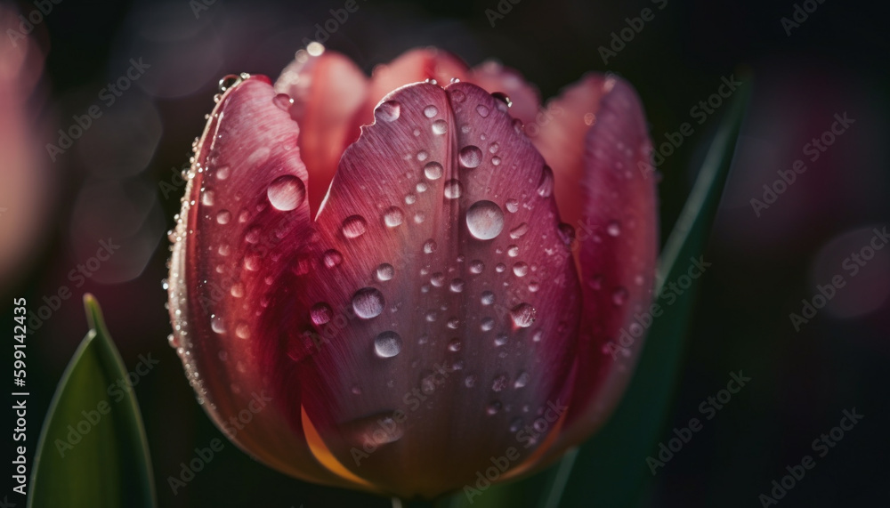 Vibrant tulip blossom, wet with raindrop dew generated by AI Vibrant tulip blossom, wet with raindrop dew generated by AI