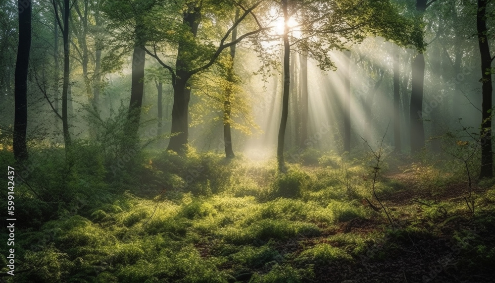 Sunlit forest path leads to autumn mystery generated by AI