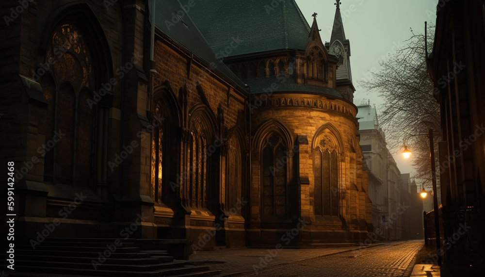 Gothic chapel illuminated by lantern at dusk generated by AI