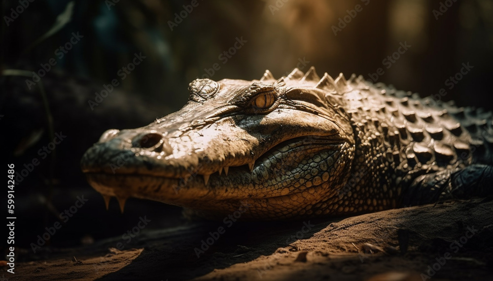 Fototapeta premium Crocodile teeth glisten in the wet swamp generated by AI