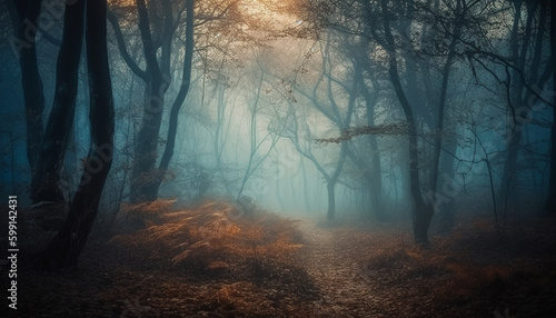 Spooky forest mystery, autumn leaves, tranquil beauty generated by AI