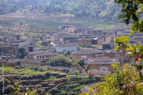 Chuxi Tulou Cluster from behind the trees. Tulou is the unique traditional rural dwelling of Hakka. Capture translation fron Chinese: 