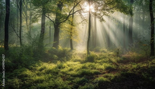 Sunlit forest path leads to autumn mystery generated by AI