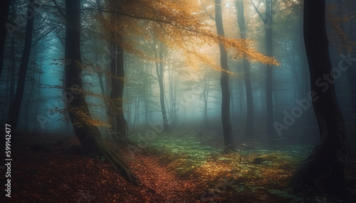 Mysterious forest  spooky fog  tranquil autumn beauty generated by AI