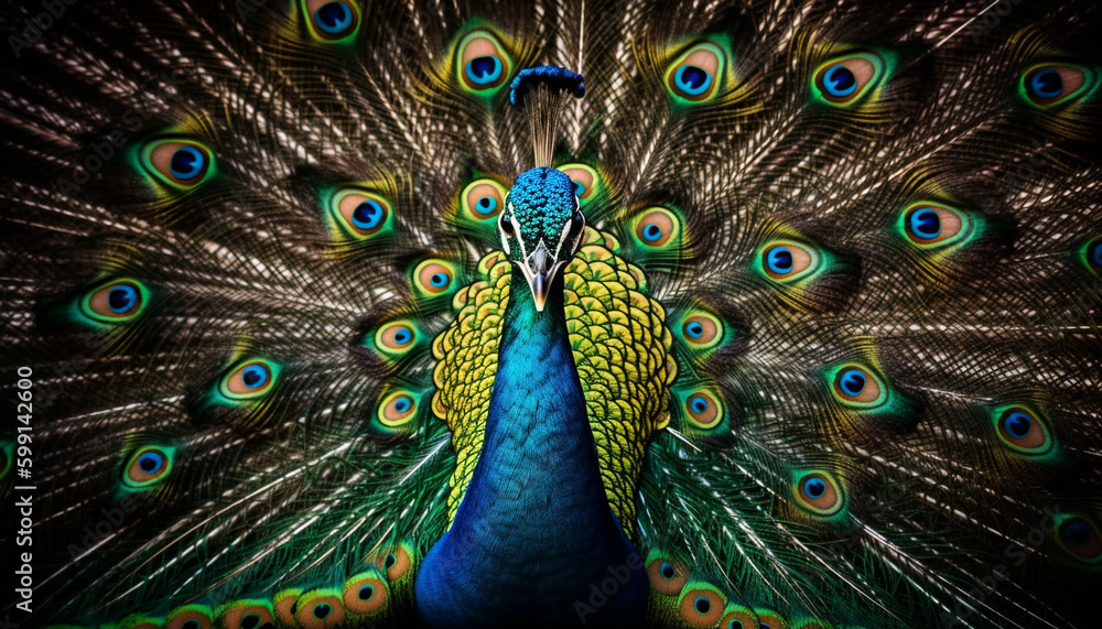 Obraz premium Majestic peacock displays vibrant multi colored feather pattern generated by AI