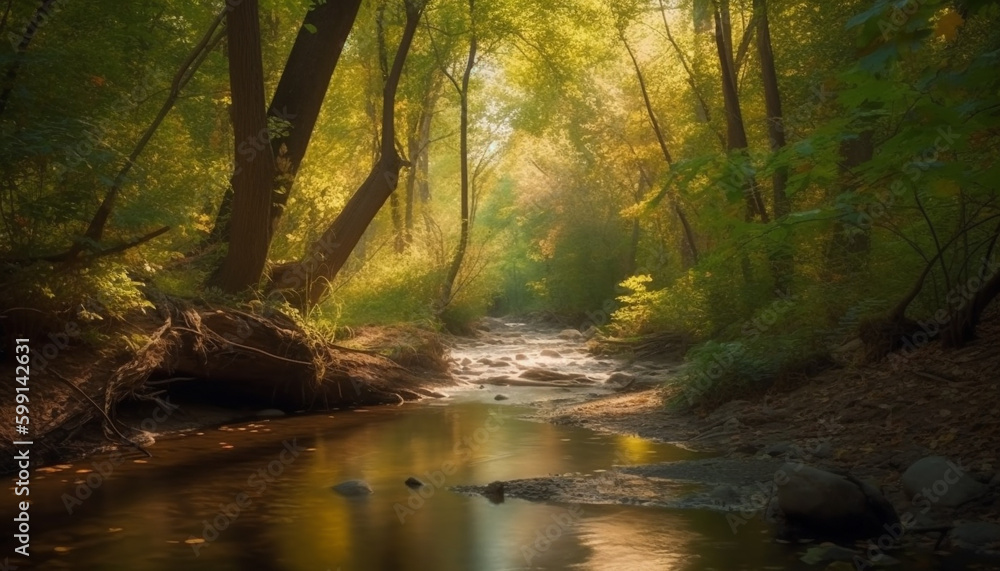 Obraz premium Tranquil scene of autumn forest by water generated by AI