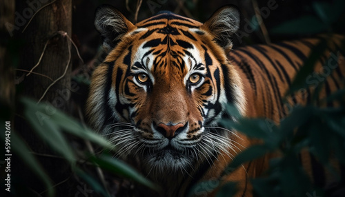 Majestic Bengal tiger staring, close up portrait generated by AI