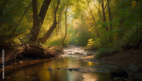 Tranquil scene of autumn forest by water generated by AI