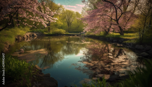 Tranquil scene of pink blossom reflects in water generated by AI