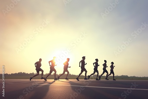Group Of People Jogging At Sunset Generative AI © Johnathan