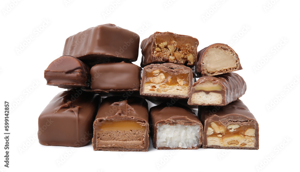 Pieces of different tasty chocolate bars on white background