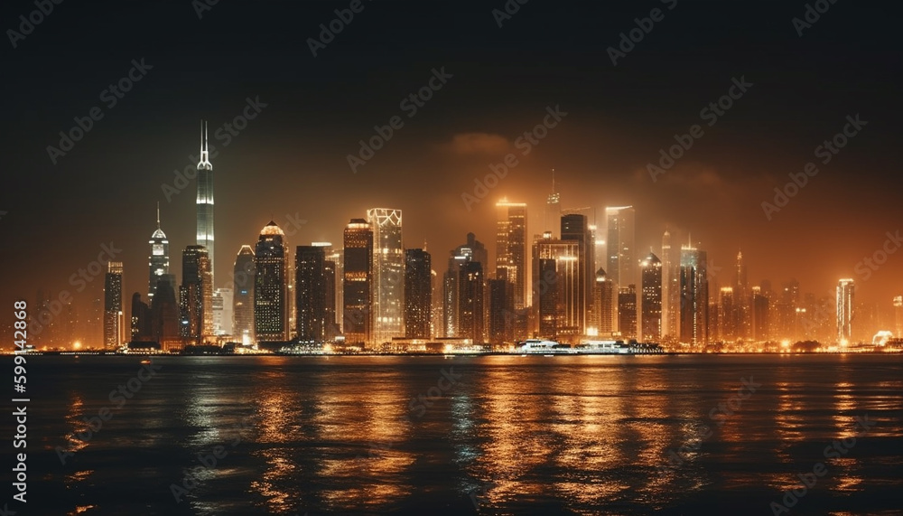 Obraz premium Illuminated skyline reflects on water, city life thrives generated by AI