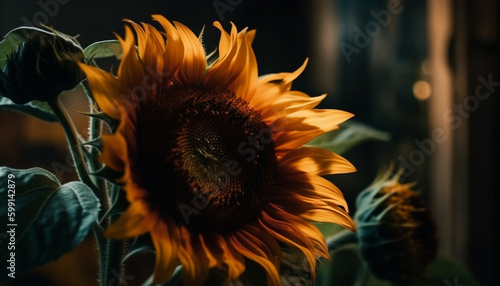 Sunflower blossom, vibrant yellow, backlit by sun generated by AI