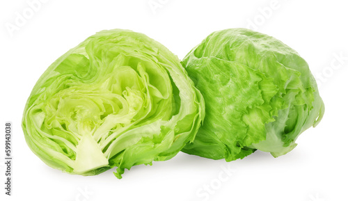 Whole and cut fresh green iceberg lettuces isolated on white © New Africa