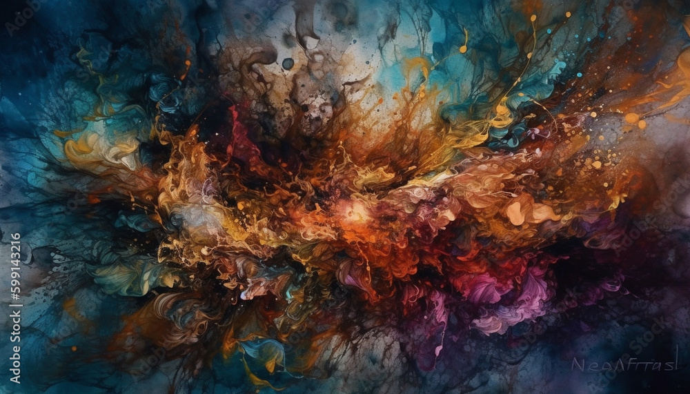 Vibrant colors paint a chaotic abstract galaxy generated by AI
