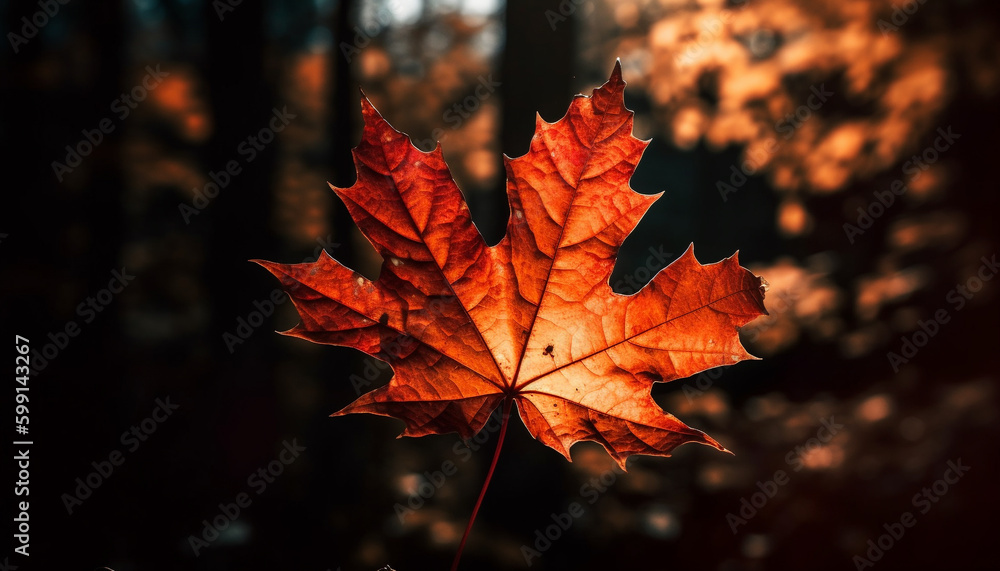 Vibrant autumn maple leaf, backlit with sunlight generated by AI Vibrant autumn maple leaf, backlit with sunlight generated by AI